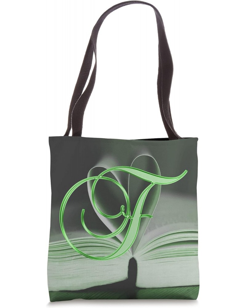 F Green Heart Book Page Story Read Love Initial Letter Name Tote Bag $9.61 Totes