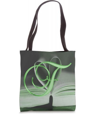 F Green Heart Book Page Story Read Love Initial Letter Name Tote Bag $9.61 Totes