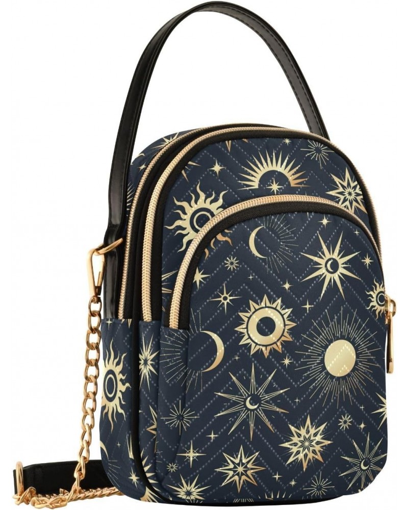 Gold Sun Moon and Stars Women's Crossbody Handbags Quilted Shoulder Bag with Chain Strap Trendy Cross Body Cell Phone Crossbo...