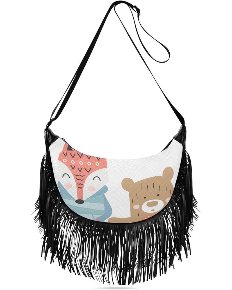 Women Fringe Tassel Cross Body Bag Cute Cat Ivory Leisure Shoulder Bag Color487 $14.27 Crossbody Bags