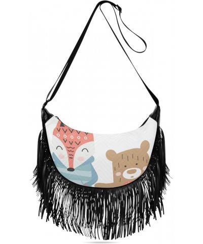 Women Fringe Tassel Cross Body Bag Cute Cat Ivory Leisure Shoulder Bag Color487 $14.27 Crossbody Bags