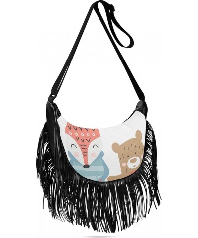 Women Fringe Tassel Cross Body Bag Cute Cat Ivory Leisure Shoulder Bag Color487 $14.27 Crossbody Bags