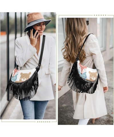 Women Fringe Tassel Cross Body Bag Cute Cat Ivory Leisure Shoulder Bag Color487 $14.27 Crossbody Bags