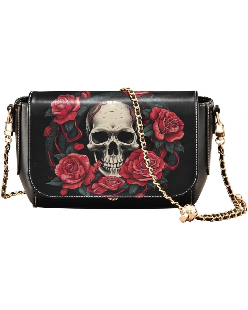 Roses Skull Crossbody Bag for Women Girls,Leather Cross Body Purses Chain Strap Handbags Shoulder Bag $19.20 Crossbody Bags