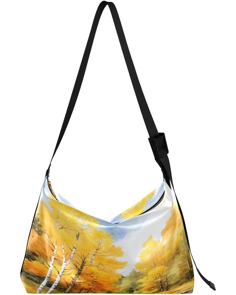 Blue Butterflies on White Woman Shoulder Bag, Vegan Crossbody Bag, Vegan Shoulder Bag Autumn Trees With River Watercolour-1 $...