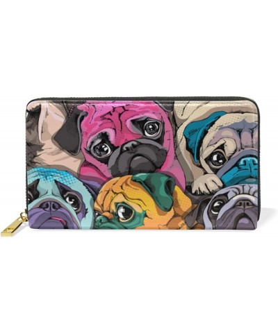 Vintage Pug Dogs Puppies Black White Pattern Women Leather Zipper Long Wallet, Coin Clutch Pouch Pocket Key CardLarge Capacit...