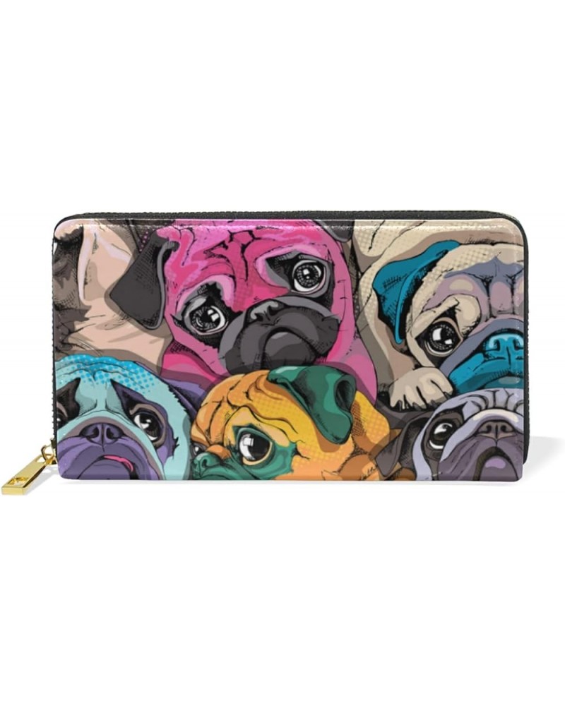 Vintage Pug Dogs Puppies Black White Pattern Women Leather Zipper Long Wallet, Coin Clutch Pouch Pocket Key CardLarge Capacit...