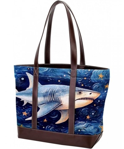 Shark Canvas Leather Mix Hand-Held Bag - 13.3x4.7x12.2 in - Stylish Women's Handbag for Everyday Use $23.52 Handbags