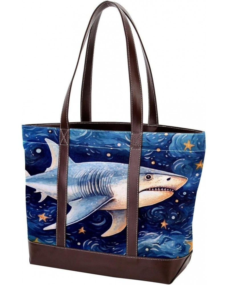 Shark Canvas Leather Mix Hand-Held Bag - 13.3x4.7x12.2 in - Stylish Women's Handbag for Everyday Use $23.52 Handbags