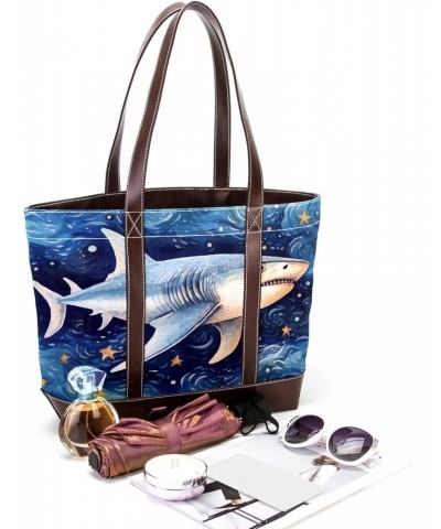 Shark Canvas Leather Mix Hand-Held Bag - 13.3x4.7x12.2 in - Stylish Women's Handbag for Everyday Use $23.52 Handbags