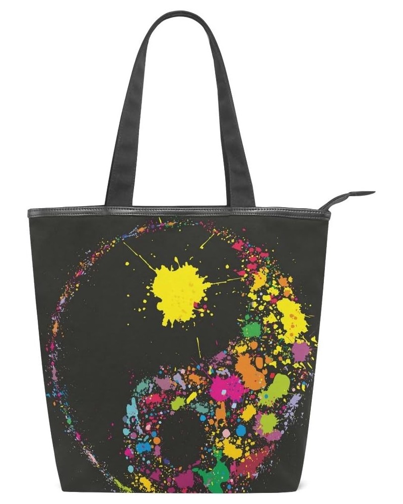 Tote Canvas Shoulder Bag Colorful Paint Yin Yang Symbol Womens Handbag $12.71 Shoulder Bags