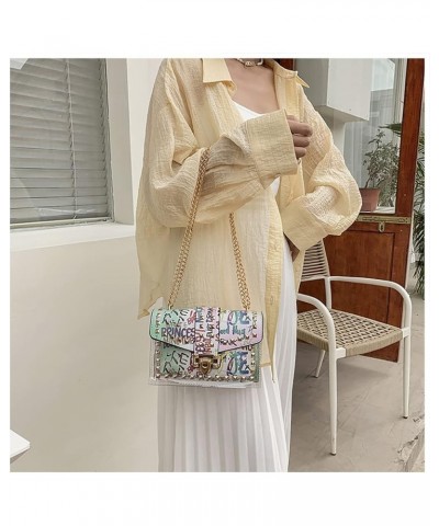 PU Leather Graffiti Bag, Transparent Jelly Bag, Shoulder Crossbody Rivet Square Bag, Snake-shaped Pattern Chain Bag White $11...