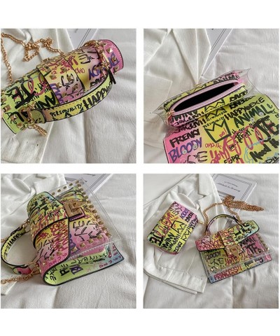 PU Leather Graffiti Bag, Transparent Jelly Bag, Shoulder Crossbody Rivet Square Bag, Snake-shaped Pattern Chain Bag White $11...