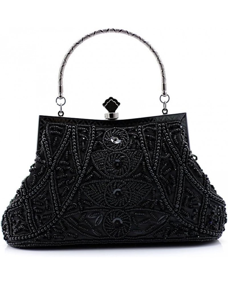 Women's Beaded Sequin Design Metal Frame Kissing Lock Satin Interior Evening Clutch Black $20.88 Evening Bags