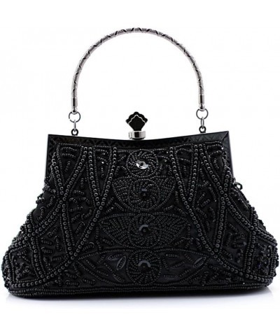 Women's Beaded Sequin Design Metal Frame Kissing Lock Satin Interior Evening Clutch Black $20.88 Evening Bags