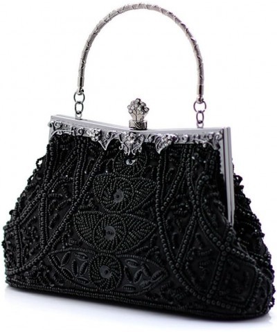 Women's Beaded Sequin Design Metal Frame Kissing Lock Satin Interior Evening Clutch Black $20.88 Evening Bags