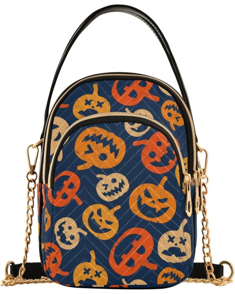 Halloween Pumpkin on Blue Background Quilted Crossbody Bag for Women, Small Cell Phone Bag Shoulder Handbags Purse with Leath...