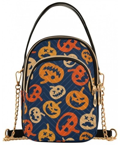 Halloween Pumpkin on Blue Background Quilted Crossbody Bag for Women, Small Cell Phone Bag Shoulder Handbags Purse with Leath...