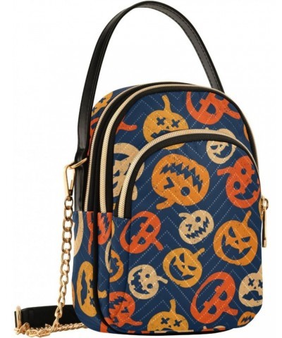 Halloween Pumpkin on Blue Background Quilted Crossbody Bag for Women, Small Cell Phone Bag Shoulder Handbags Purse with Leath...