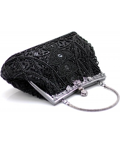 Women's Beaded Sequin Design Metal Frame Kissing Lock Satin Interior Evening Clutch Black $20.88 Evening Bags