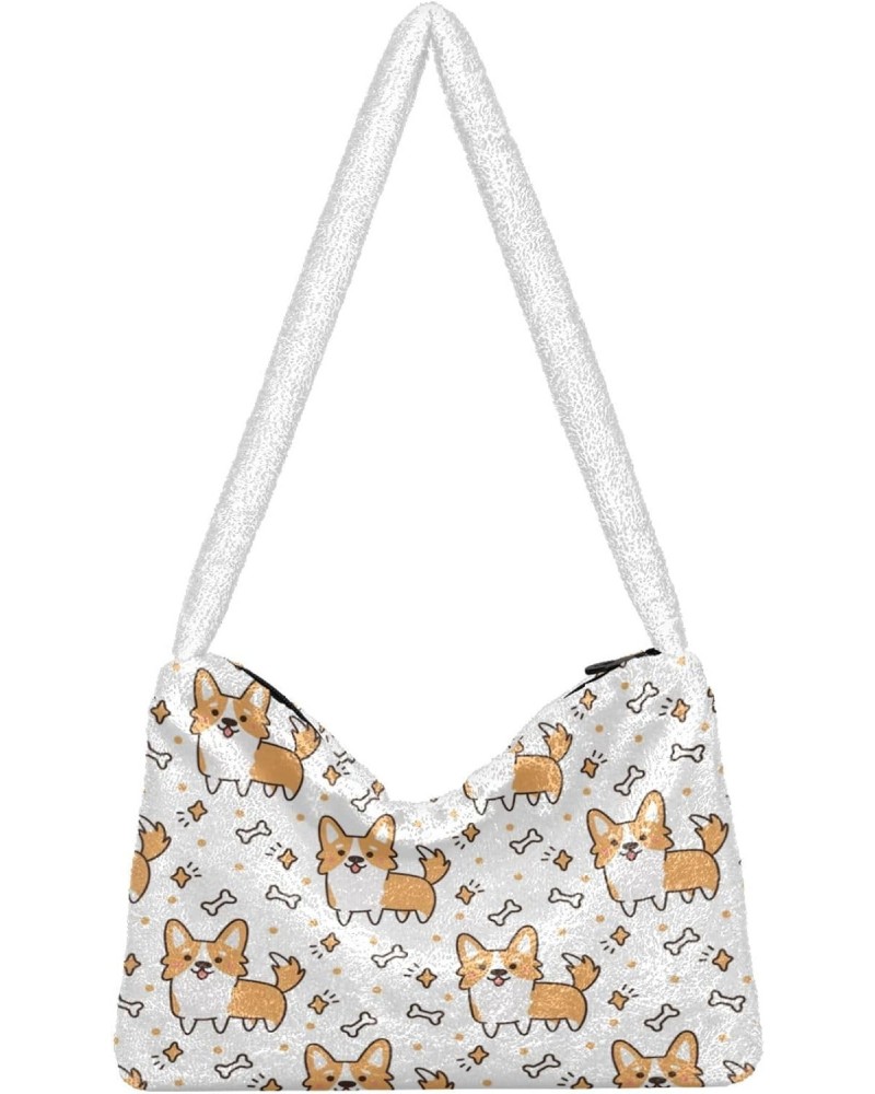 Corgi Dog Bone Plush Shoulder Bag Furry Tote Handbag Purse Faux Fur Crossbody Bag for Women $11.75 Totes