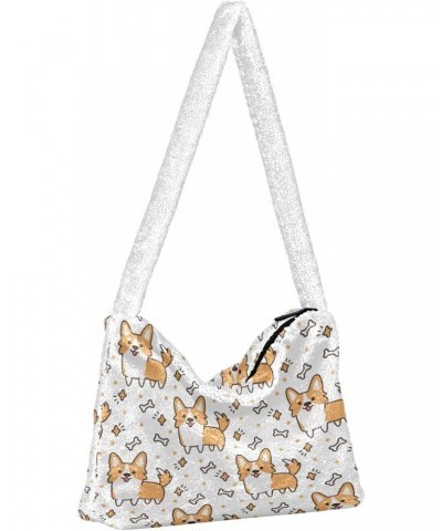 Corgi Dog Bone Plush Shoulder Bag Furry Tote Handbag Purse Faux Fur Crossbody Bag for Women $11.75 Totes