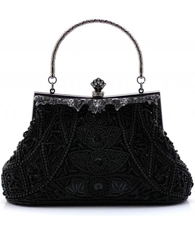 Women's Beaded Sequin Design Metal Frame Kissing Lock Satin Interior Evening Clutch Black $20.88 Evening Bags