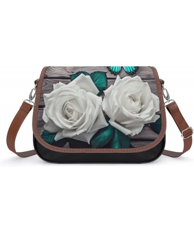 Gray Vintage Barnwood Teal White Rose Flower Abstract Crossbody Shoulder Messenger Women Bag Pu Leather Office Work Business ...