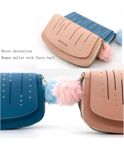 Trifold Wallets for Women Leather Credit Card Holder with Furry Ball Decoration Large Capacity Wristle Bag (Pink) Blue $9.89 ...