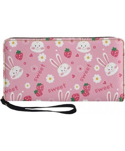 Women Wallet Novelty Black Rabbit Strawberry Daisy Print Soft Clutch Leather Pu Wallet Purse With Wristlet Zipper Around Wall...