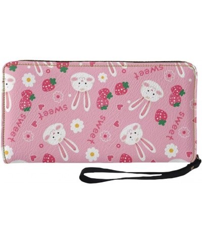 Women Wallet Novelty Black Rabbit Strawberry Daisy Print Soft Clutch Leather Pu Wallet Purse With Wristlet Zipper Around Wall...