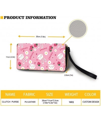 Women Wallet Novelty Black Rabbit Strawberry Daisy Print Soft Clutch Leather Pu Wallet Purse With Wristlet Zipper Around Wall...