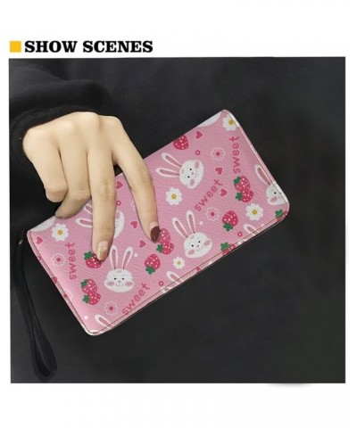 Women Wallet Novelty Black Rabbit Strawberry Daisy Print Soft Clutch Leather Pu Wallet Purse With Wristlet Zipper Around Wall...