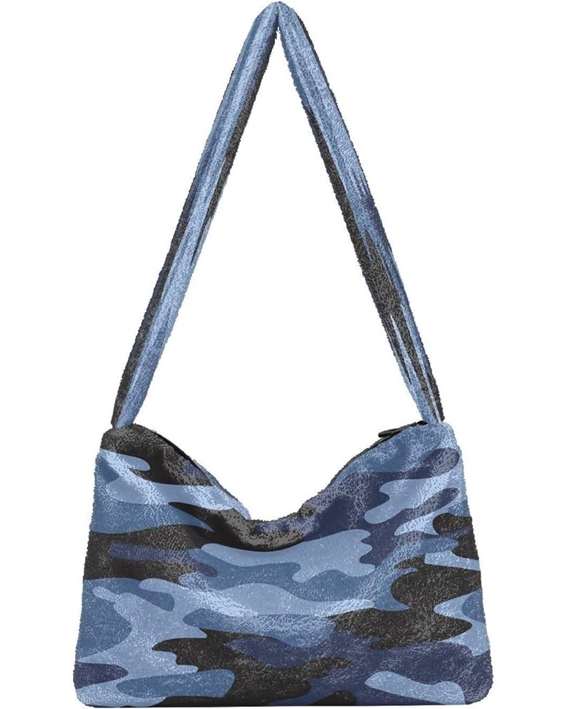 Wild Animal Skin Camouflage Purses for Women Hobo Bag, Fluffy Tote Purse Shoulder Bag Camouflage Sea Blue $12.59 Hobo Bags