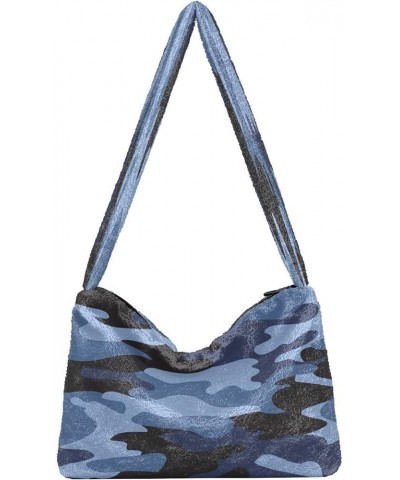 Wild Animal Skin Camouflage Purses for Women Hobo Bag, Fluffy Tote Purse Shoulder Bag Camouflage Sea Blue $12.59 Hobo Bags