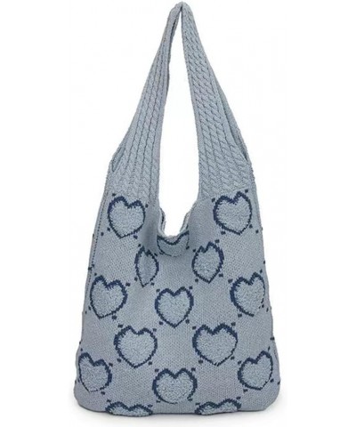 Women Aesthetics Handbag Large Capacity Heart Pattern Crochet Tote Bag Versatile Knitted Shopping Bag Casual Commu Light Blue...