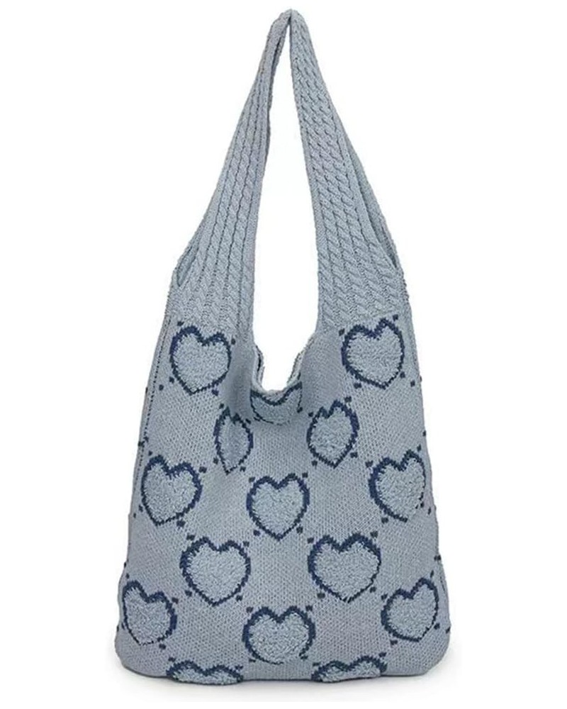 Women Aesthetics Handbag Large Capacity Heart Pattern Crochet Tote Bag Versatile Knitted Shopping Bag Casual Commu Light Blue...