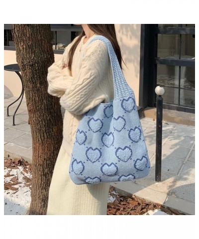 Women Aesthetics Handbag Large Capacity Heart Pattern Crochet Tote Bag Versatile Knitted Shopping Bag Casual Commu Light Blue...