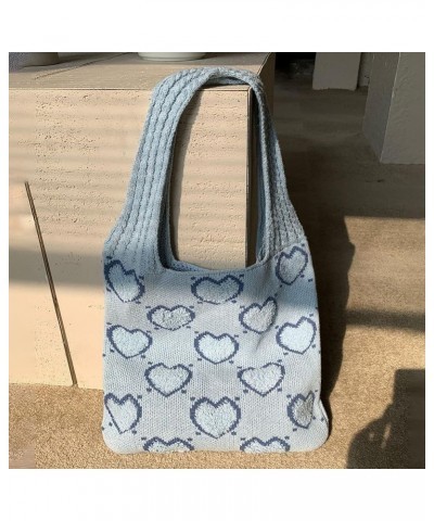 Women Aesthetics Handbag Large Capacity Heart Pattern Crochet Tote Bag Versatile Knitted Shopping Bag Casual Commu Light Blue...