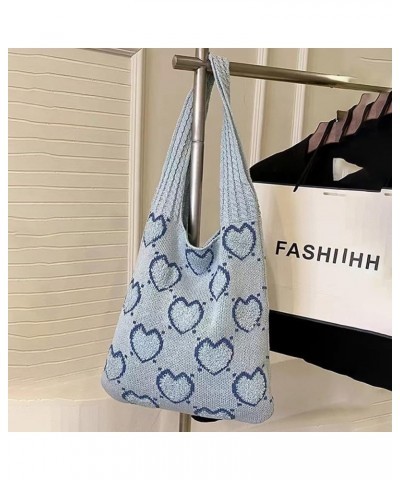 Women Aesthetics Handbag Large Capacity Heart Pattern Crochet Tote Bag Versatile Knitted Shopping Bag Casual Commu Light Blue...