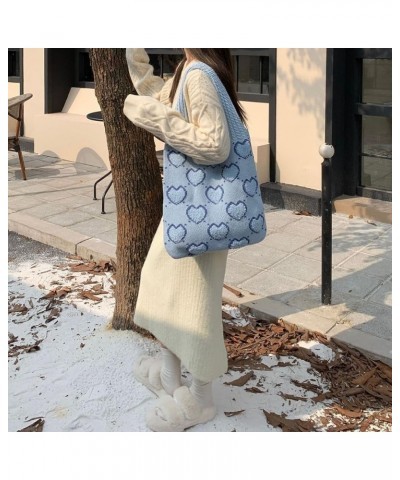 Women Aesthetics Handbag Large Capacity Heart Pattern Crochet Tote Bag Versatile Knitted Shopping Bag Casual Commu Light Blue...