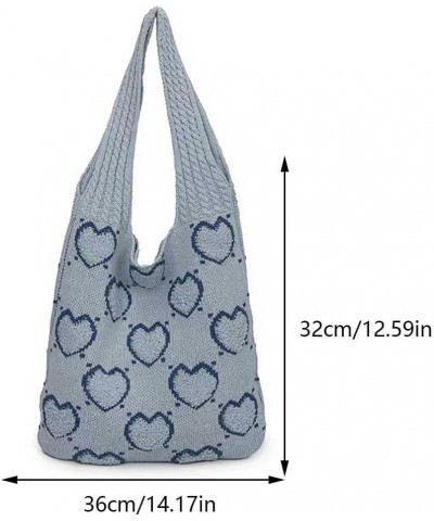 Women Aesthetics Handbag Large Capacity Heart Pattern Crochet Tote Bag Versatile Knitted Shopping Bag Casual Commu Light Blue...