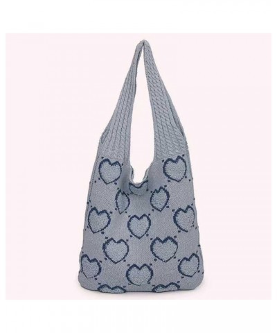 Women Aesthetics Handbag Large Capacity Heart Pattern Crochet Tote Bag Versatile Knitted Shopping Bag Casual Commu Light Blue...