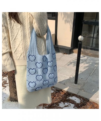 Women Aesthetics Handbag Large Capacity Heart Pattern Crochet Tote Bag Versatile Knitted Shopping Bag Casual Commu Light Blue...