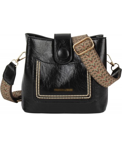 Women Vintage Crossbody Shoulder Bag Pu Leather Bucket Hobo Bag Multipockets Handbag Purse with Guitar Strap Black $23.75 Totes