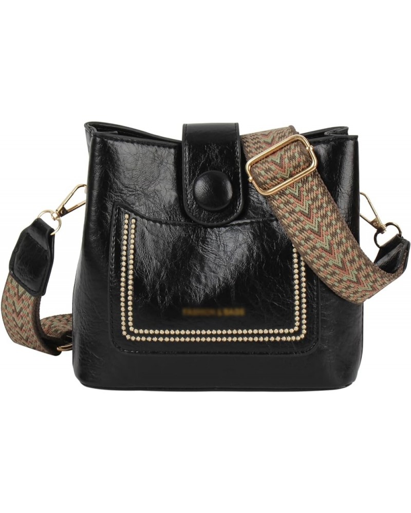 Women Vintage Crossbody Shoulder Bag Pu Leather Bucket Hobo Bag Multipockets Handbag Purse with Guitar Strap Black $23.75 Totes