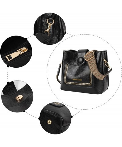 Women Vintage Crossbody Shoulder Bag Pu Leather Bucket Hobo Bag Multipockets Handbag Purse with Guitar Strap Black $23.75 Totes