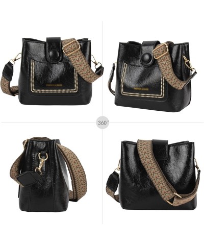 Women Vintage Crossbody Shoulder Bag Pu Leather Bucket Hobo Bag Multipockets Handbag Purse with Guitar Strap Black $23.75 Totes