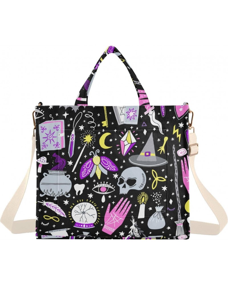 Magic Witch Halloween Skull Corduroy Tote Bag for Women Hobo Crossbody Bag Purse Stylish Shoulder Handbag Messenger Bags, S $...