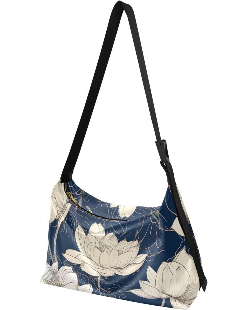 Lotus Flowers Blue Hobo Shoulder Bag for Women Men PU Leather Crossbody Bag Slouchy Tote Handbags for Working Traveling Shopp...